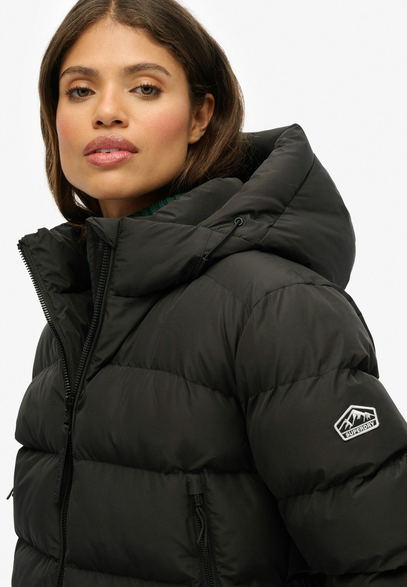 Superdry Hooded Sports Puffer Jacket in Black hooded puffer detail