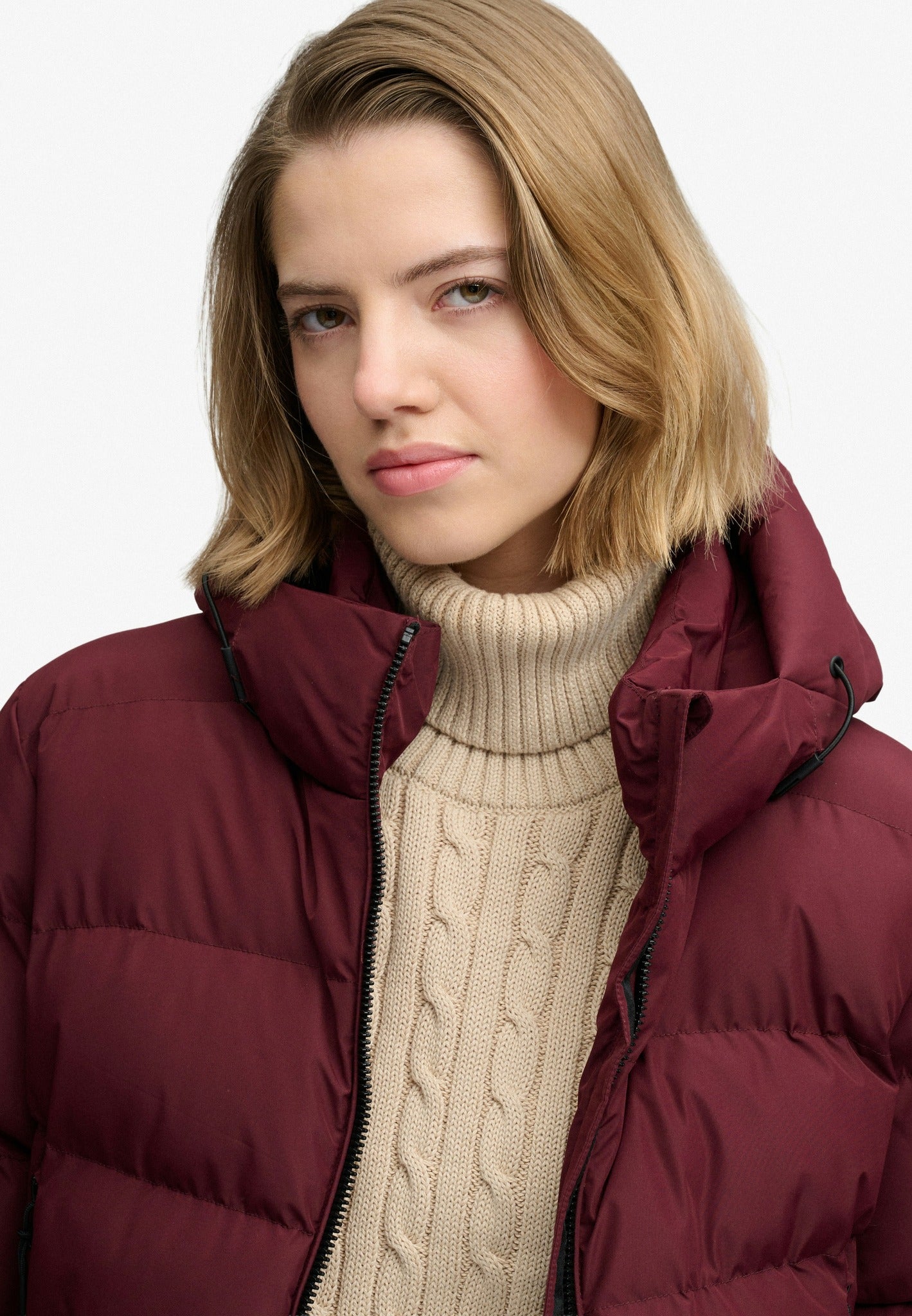 Superdry Hooded Sports Puffer Jacket in Port Red half model view