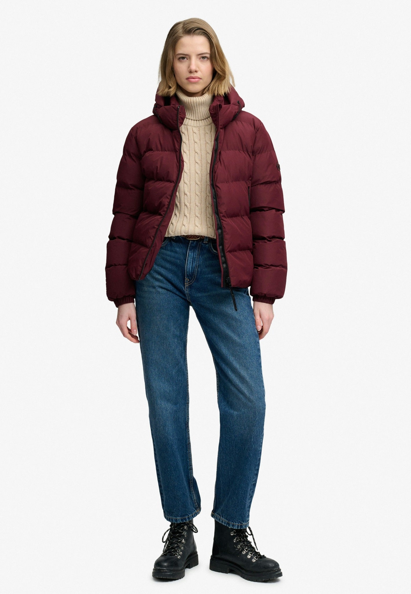 Superdry Hooded Sports Puffer Jacket in Port Red full length model view