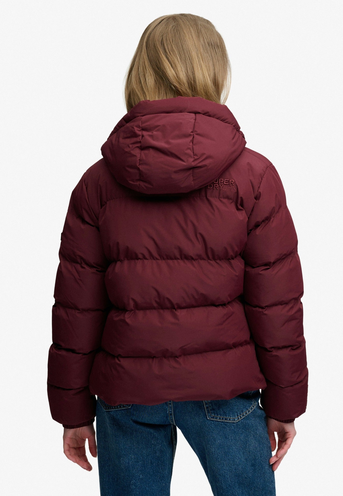Superdry Hooded Sports Puffer Jacket in Port Red back model view