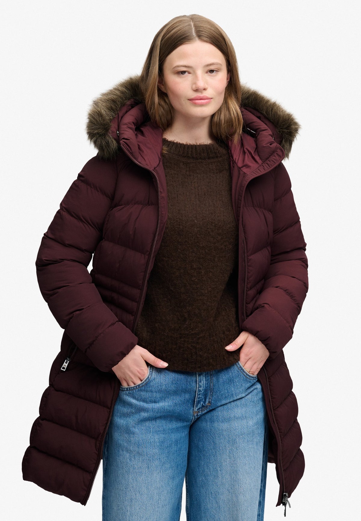 Superdry Hood Faux Fur Fuji Mid Length Jacket in Dark Oxblood on model
