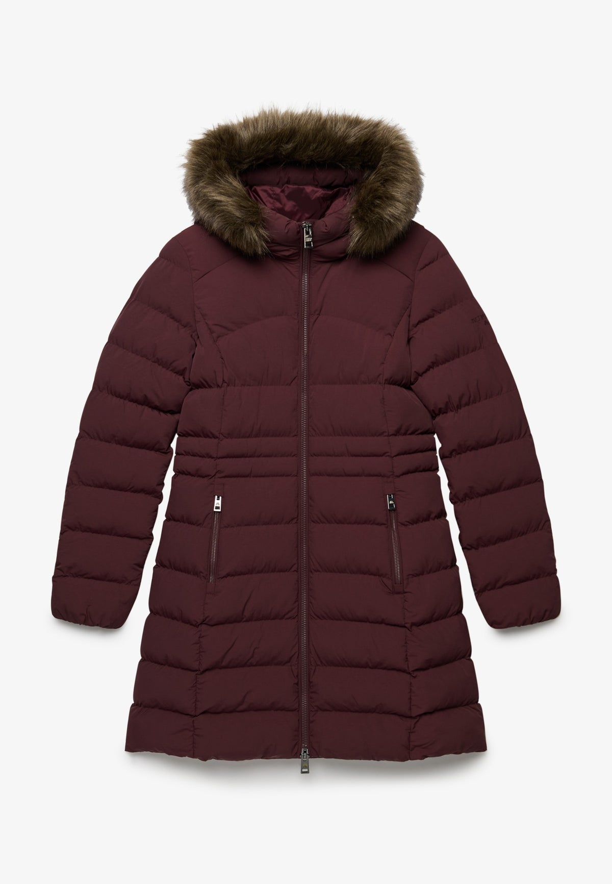 Superdry Hood Faux Fur Fuji Mid Length Jacket in Dark Oxblood front view