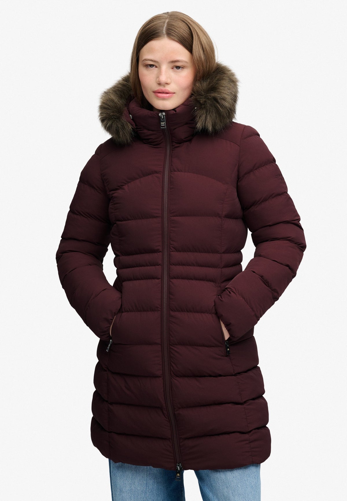 Superdry Hood Faux Fur Fuji Mid Length Jacket in Dark Oxblood upper body view