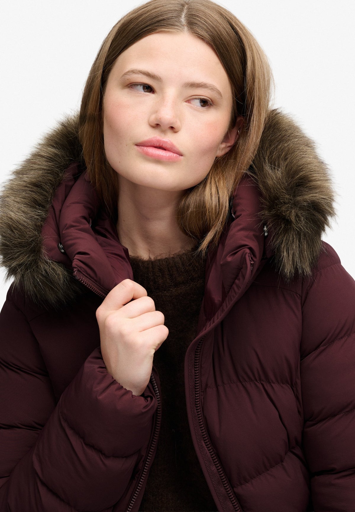 Superdry Hood Faux Fur Fuji Mid Length Jacket in Dark Oxblood on model angled view
