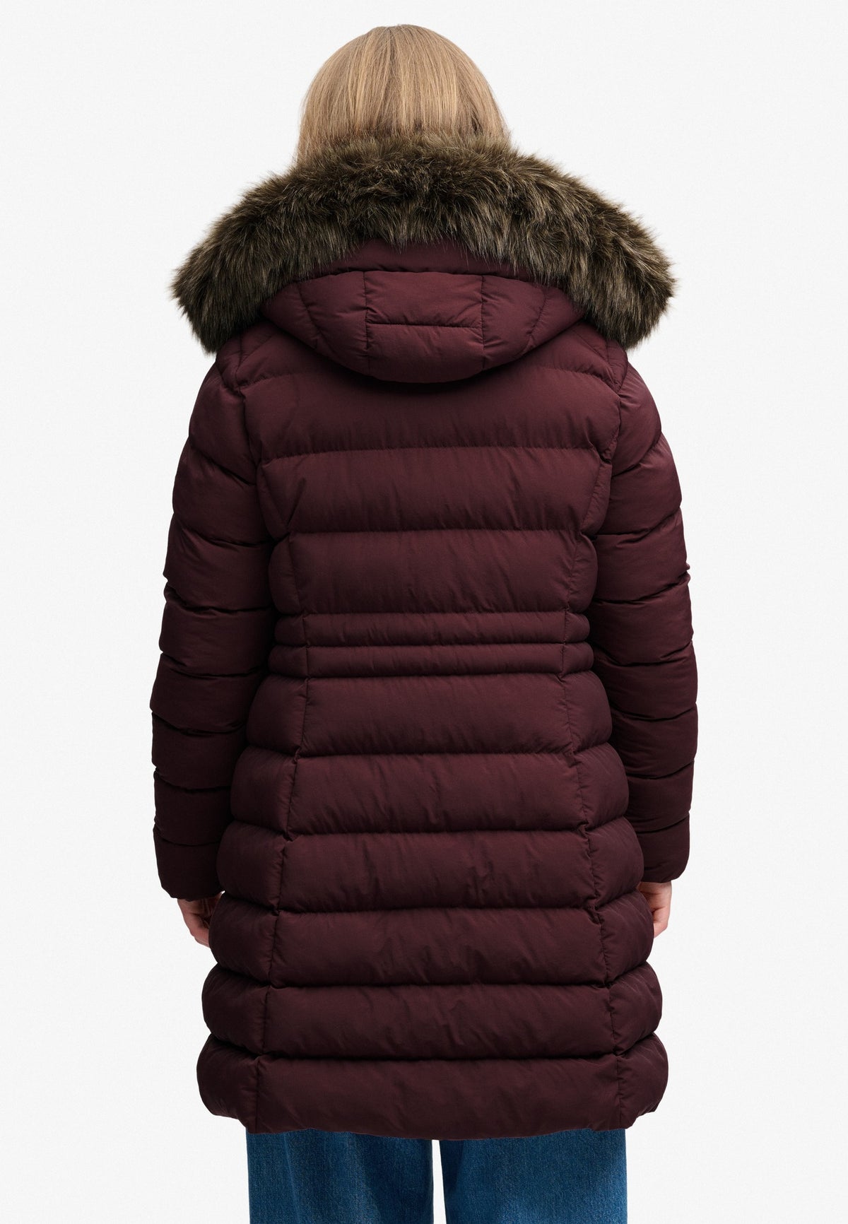 Superdry Hood Faux Fur Fuji Mid Length Jacket in Dark Oxblood back view on model
