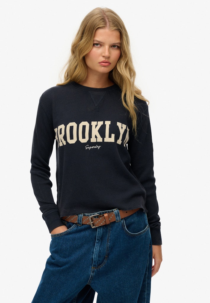 Superdry Ladies Athletic Essential Graphic Long Sleeve Top-Eclipse Navy ECLIPSE NAVY front view