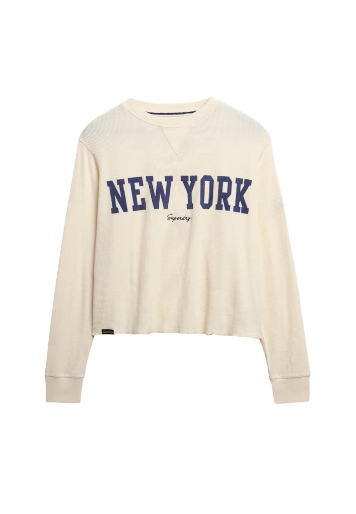 Superdry Ladies Ath Essential Graphic Long Sleeve Top-Desert Bone Off White Desert Bone Off White model front view