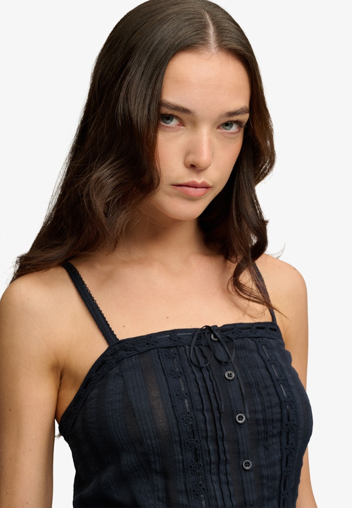 Superdry Ladies Lace Cami Top-Eclipse Navy ECLIPSE NAVY flat front view