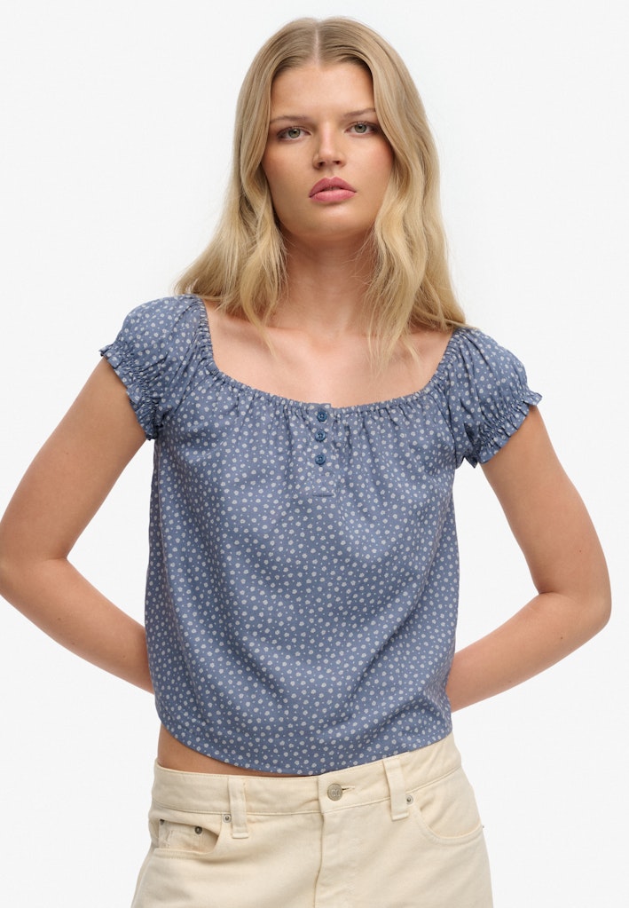 Superdry Ladies Short Sleeve 1/2 Button Woven Top-Tidal Blue Ditsy Hearts Tidal Blue Ditsy Hearts front view