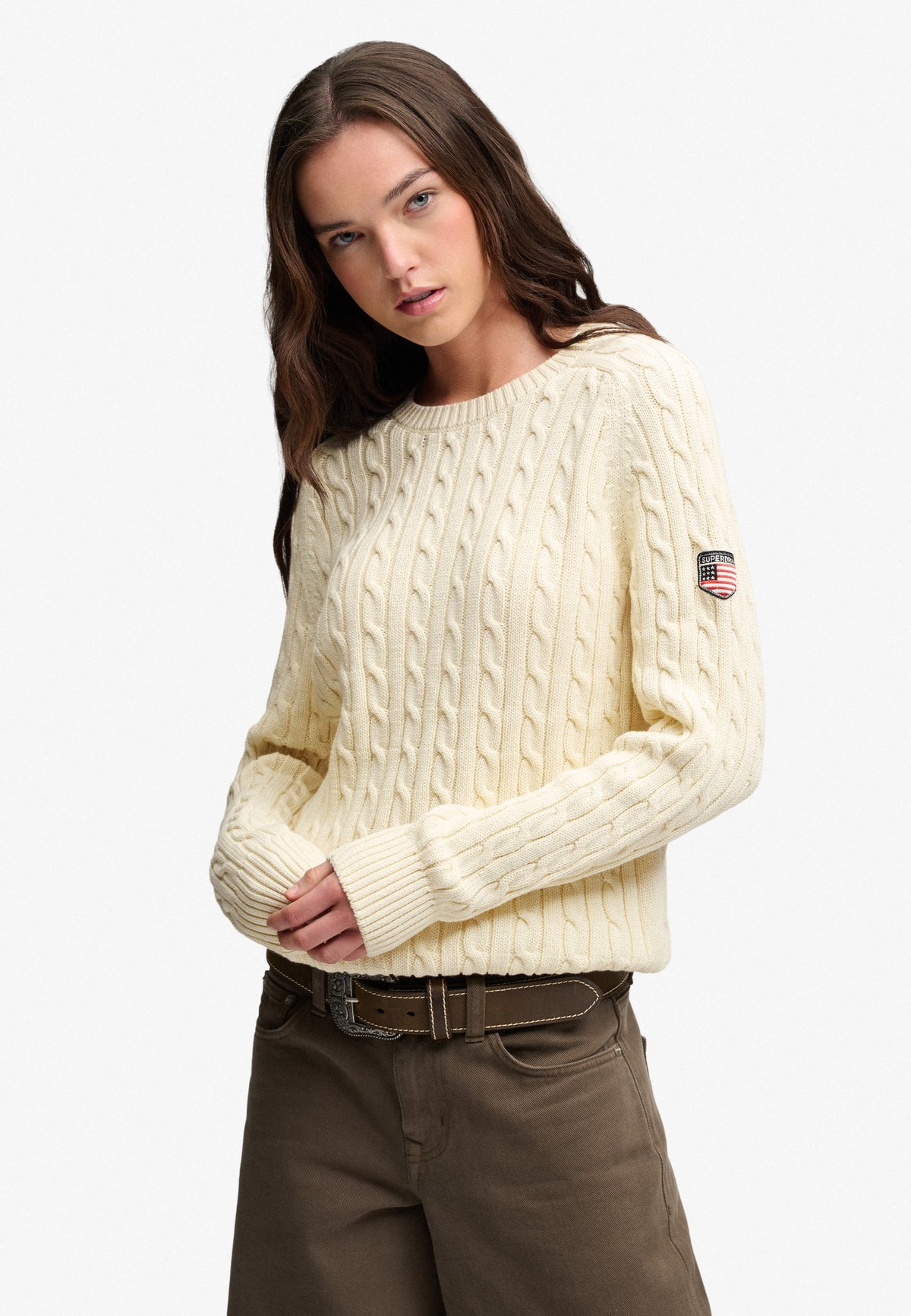 Superdry Slouchy Cable Knit in Natural White angled view on model