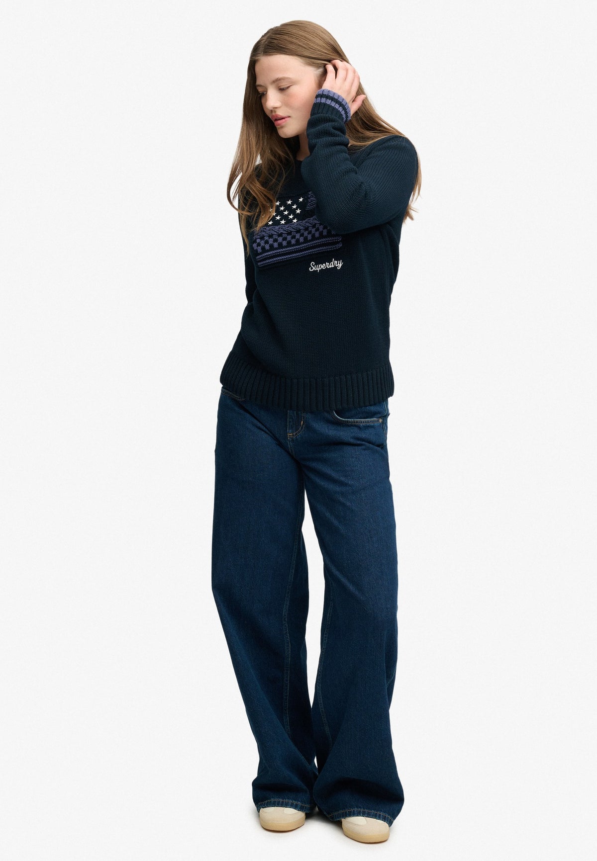 Superdry Statement Cable Flag Knit in Eclipse Navy full length view