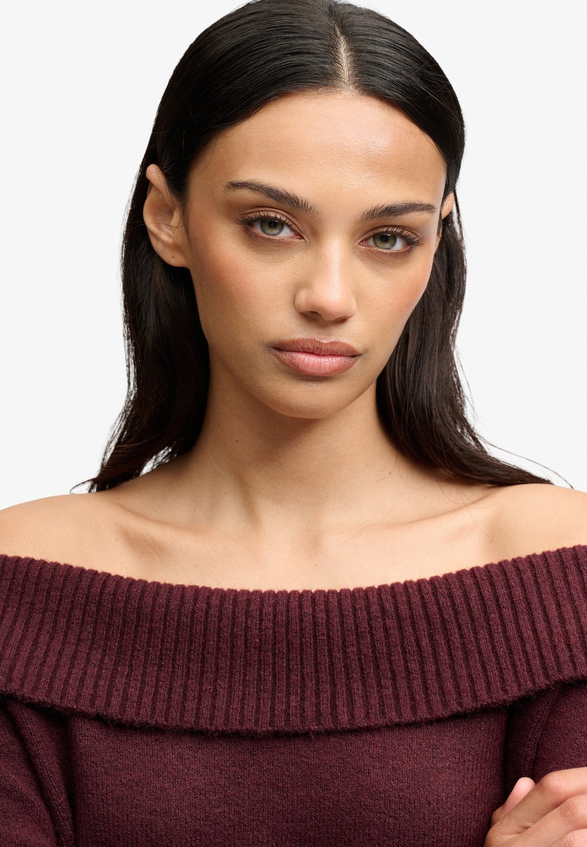 Superdry Bardot Knitted Jumper in Port Red on model