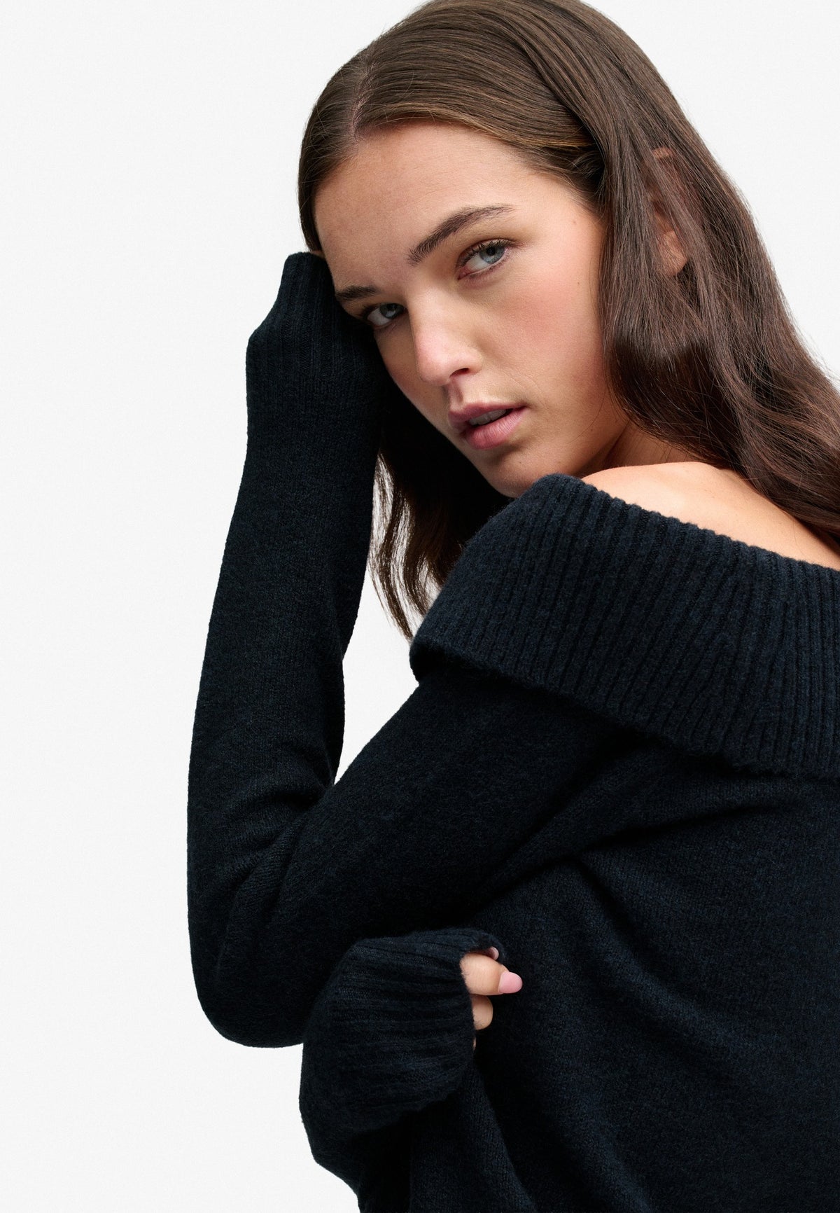 Superdry Bardot Knitted Jumper in Eclipse Navy bardot neckline