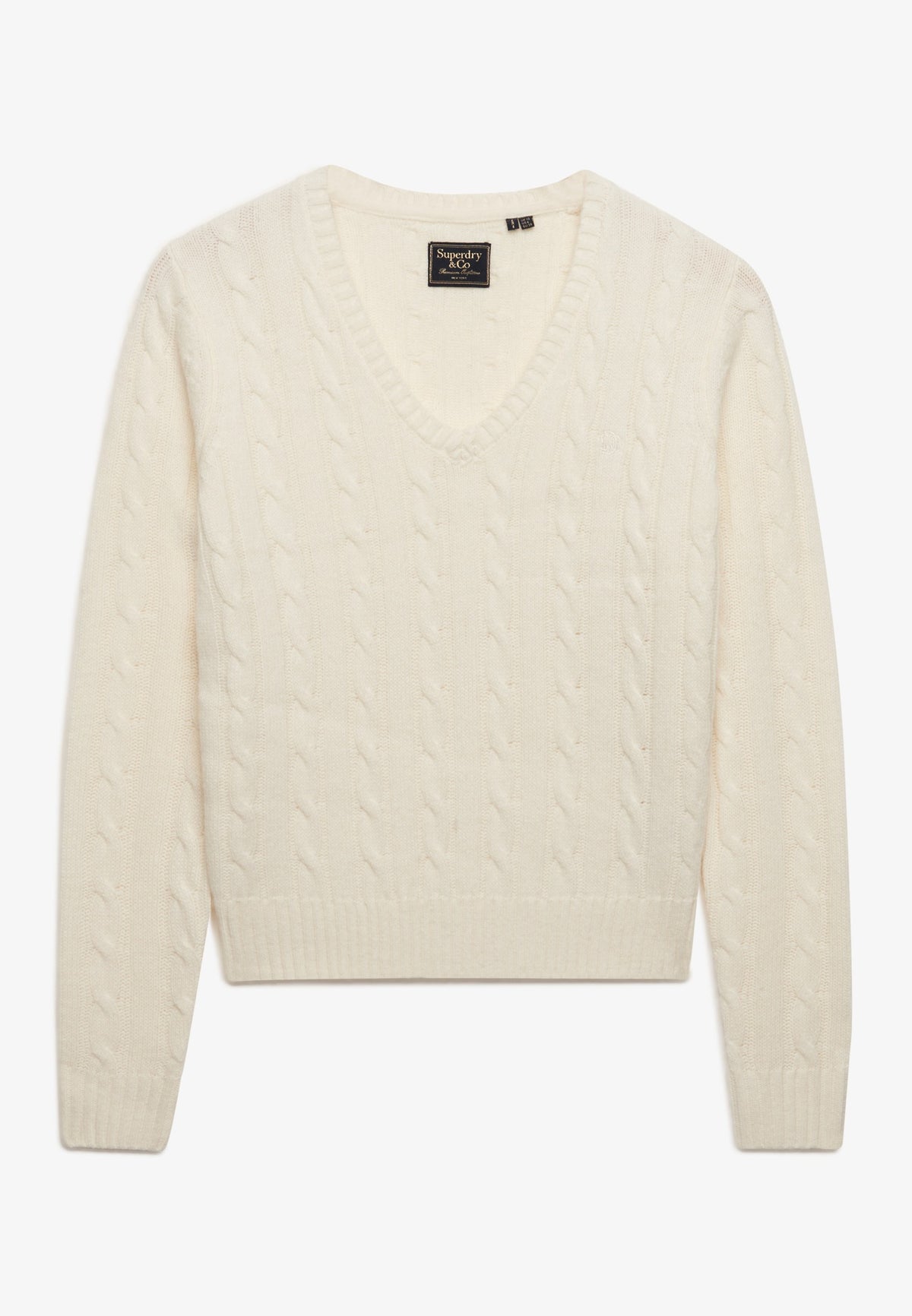 Superdry Wool Blend Cable V Neck in Cream front view
