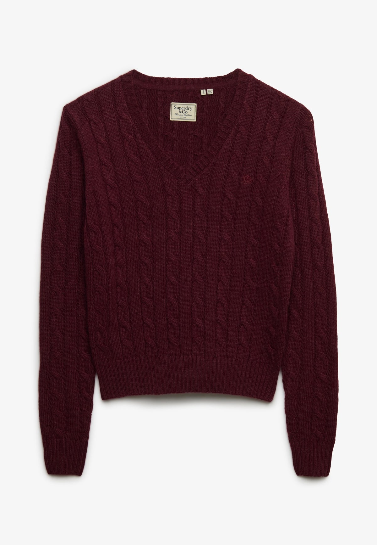 Superdry Wool Blend Cable V Neck in Port Marl angled view