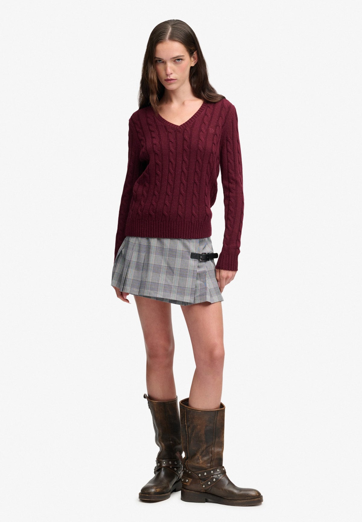 Superdry Wool Blend Cable V Neck in Port Marl full length view