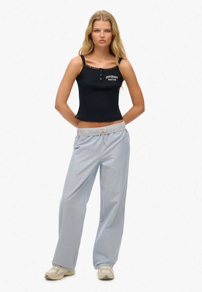 Superdry Ladies Cotton Stripe Elastic Trouser-Azure Blue Stripe Oxford Azure Blue Stripe Oxford front view