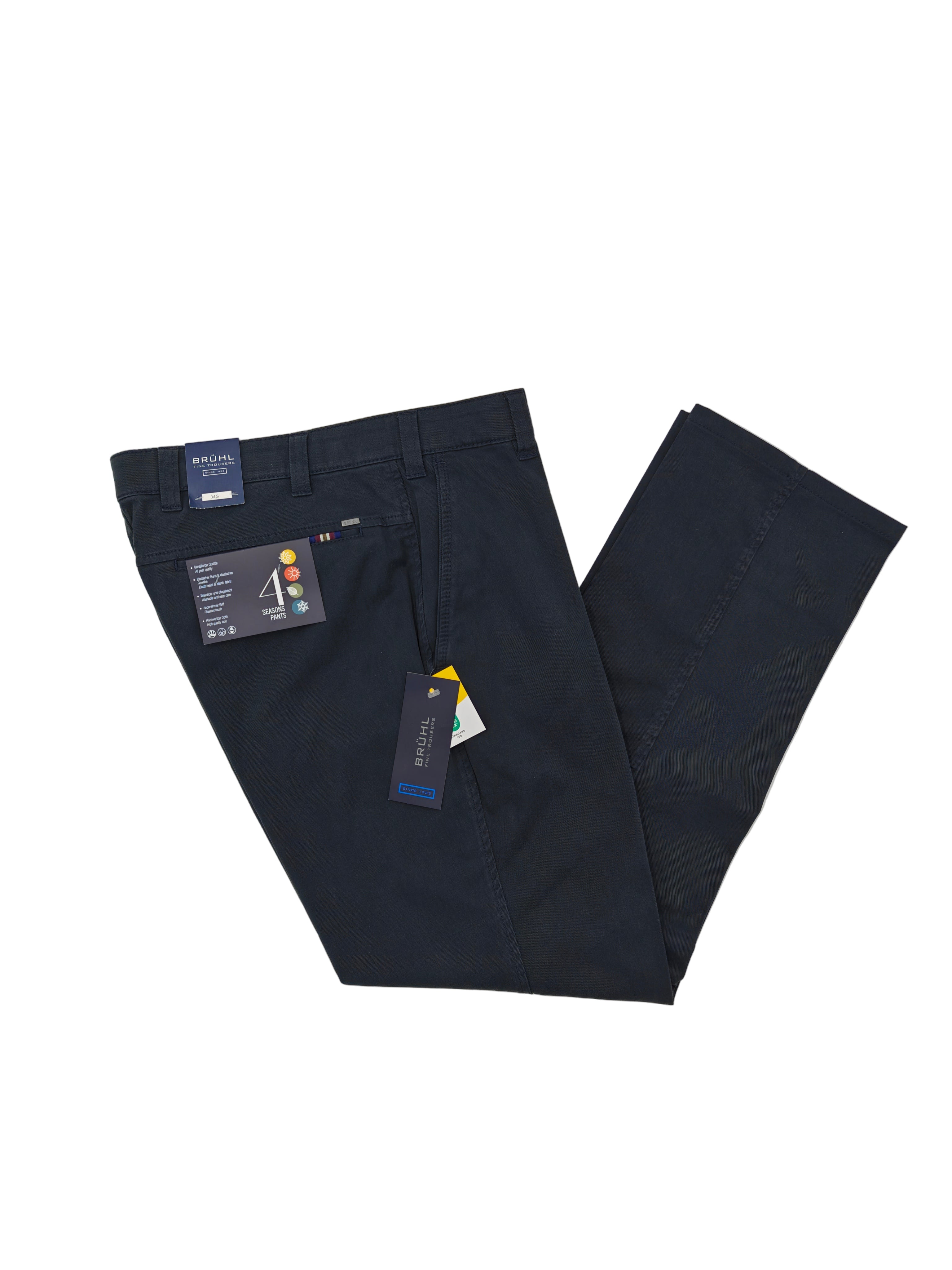 Washed navy all seasons chinos on a flat white background