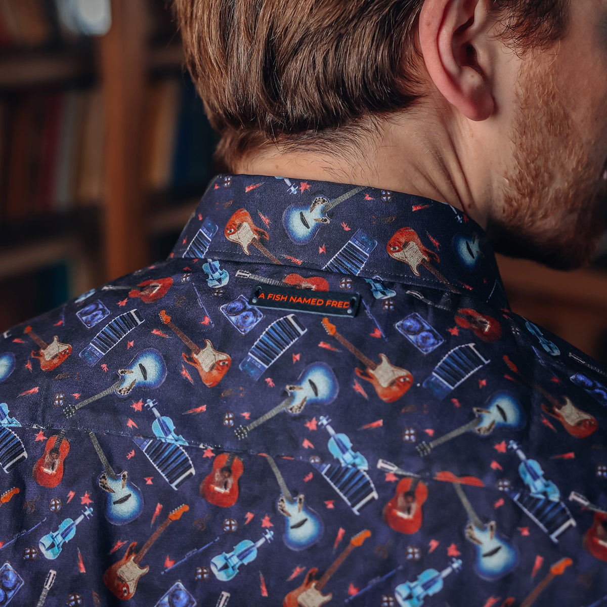 A Fish Named Fred Long Sleeve Shirt With Guitar Pattern-Navy Navy model front view