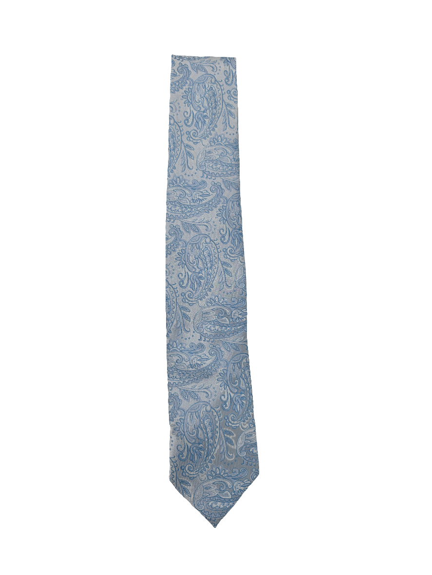 Blue paisley patterned tie on a white background