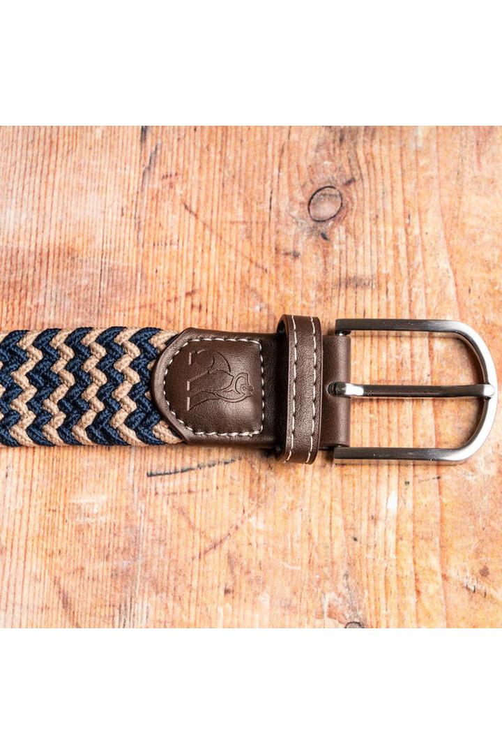 Unisex Woven Belt - Beige / Blue Zigzag-Buckle View