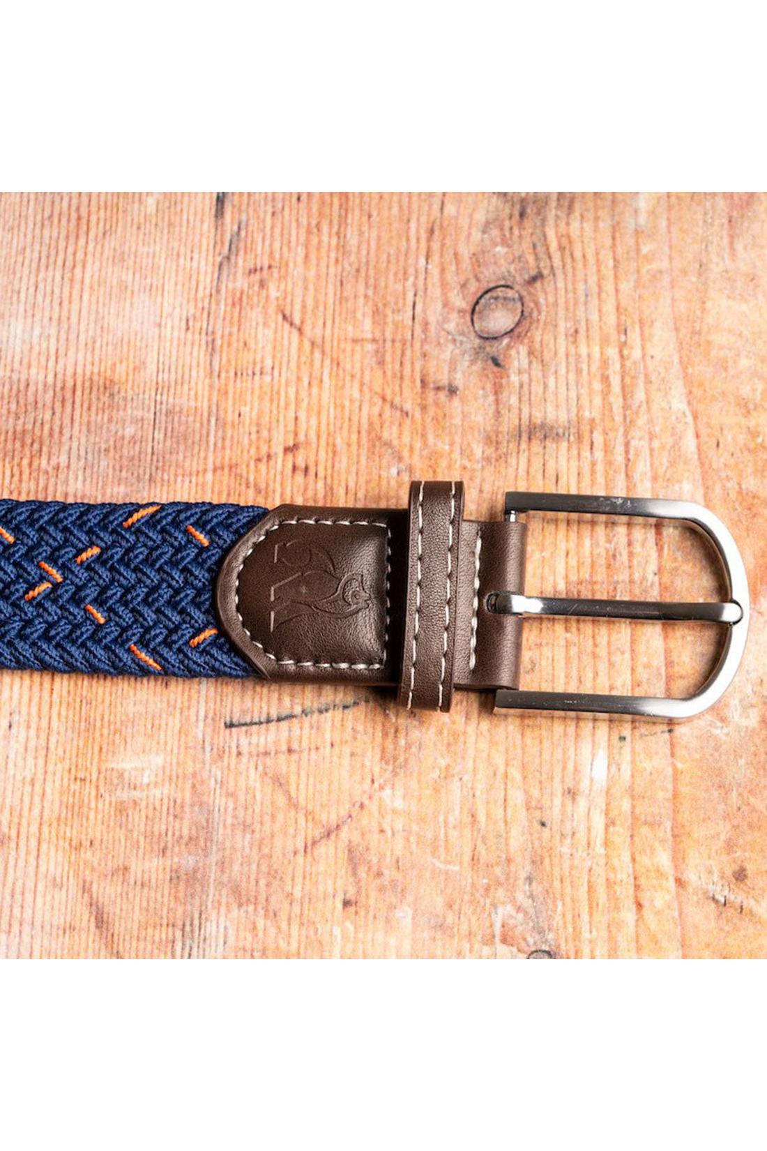 Unisex Woven Belt - Navy / Orange Dot-Buckle View