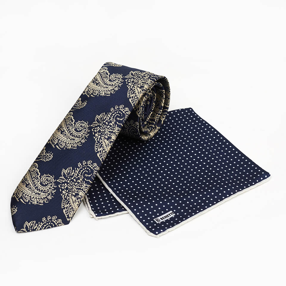 BENETTI Navy Gold Paisley Tie & Pocket Square Navy Gold front view