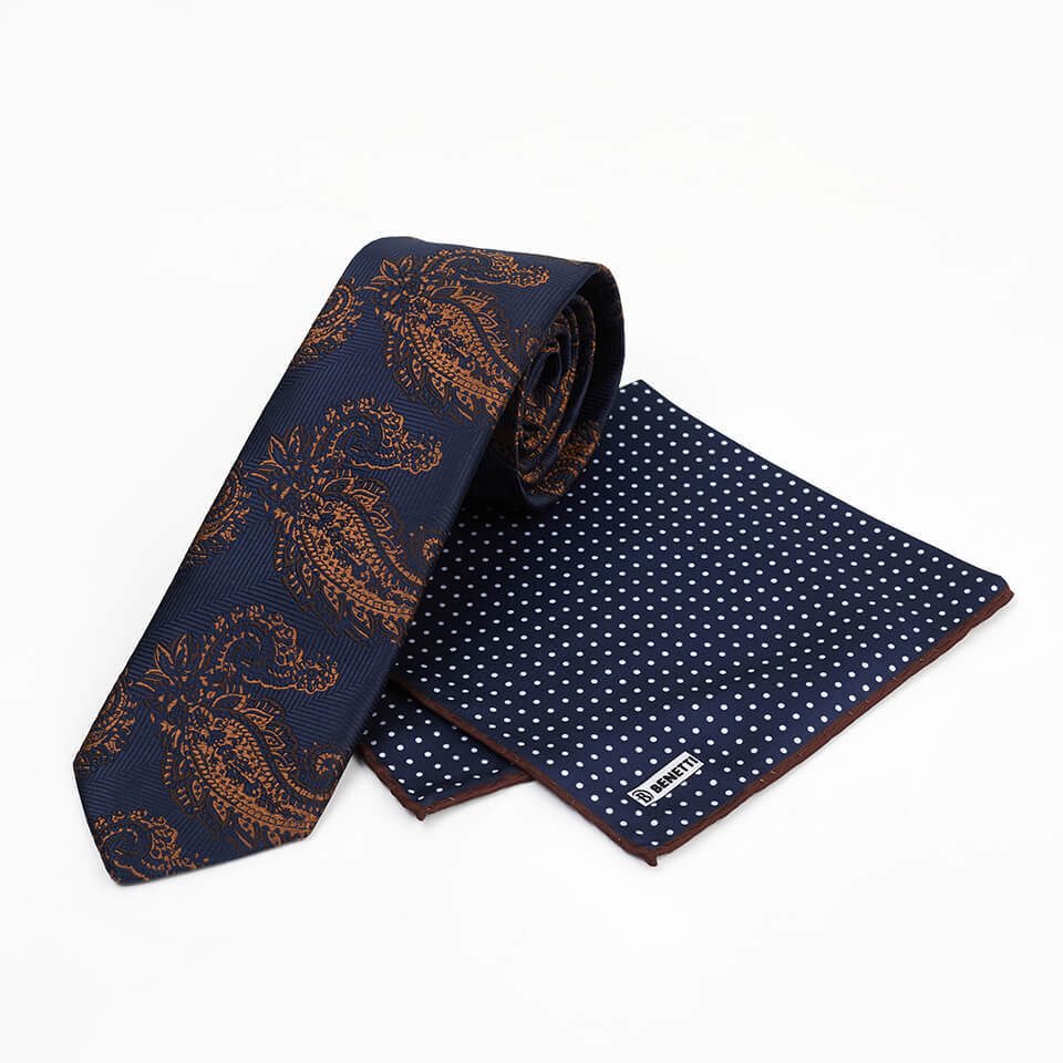 BENETTI Navy/Rust Paisley Tie & Pocket Square Set Navy/Rust front view
