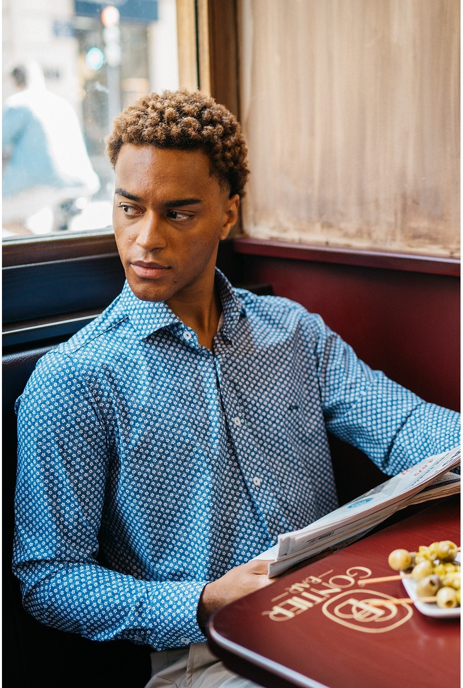 Men's Badul Blue / White Flower Pattern Long Sleeve Shirt-Side View