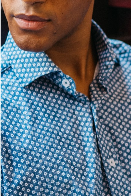 Badul Blue / White Flower Pattern Long Sleeve Shirt-Close Up View