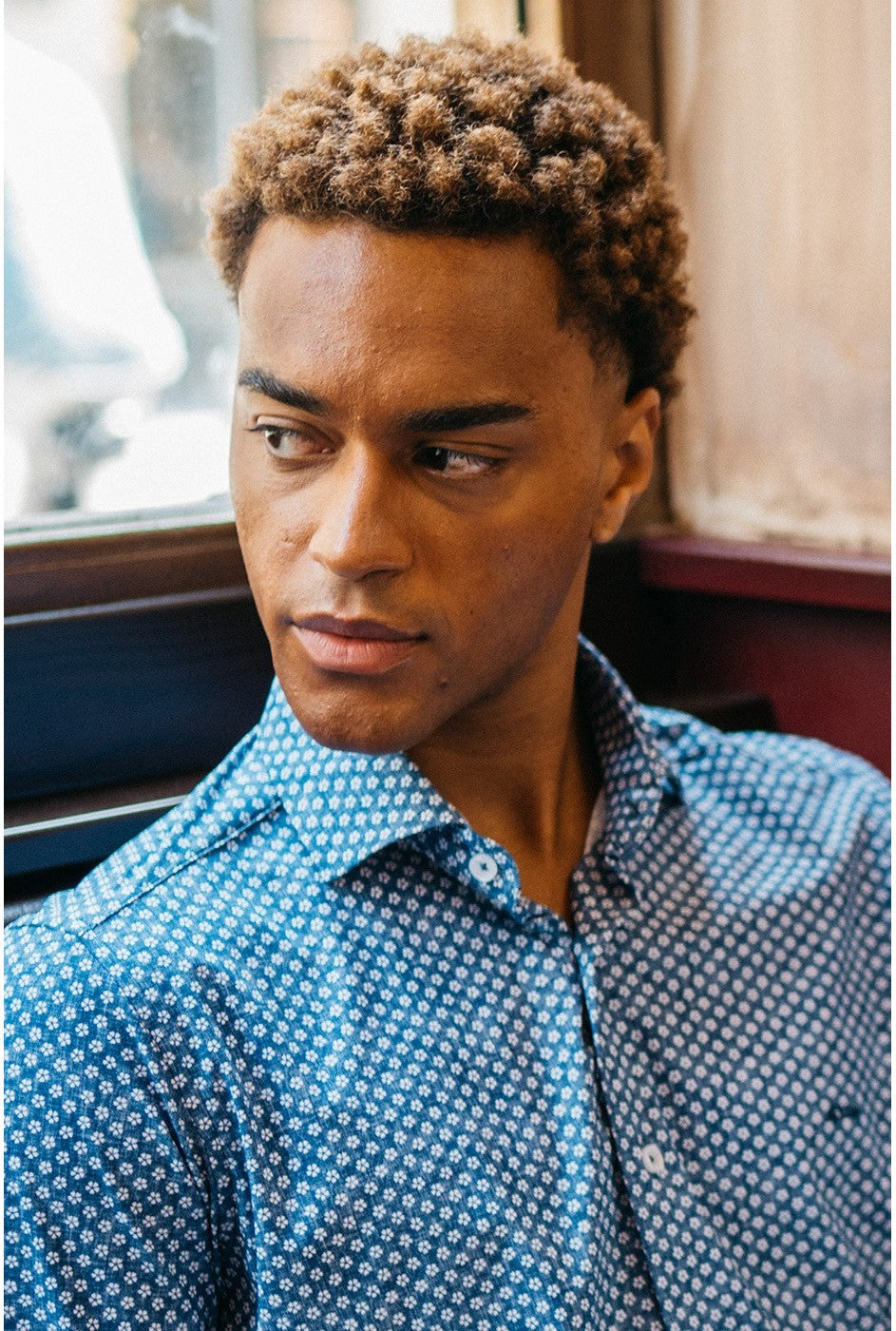 Badul Blue / White Flower Pattern Long Sleeve Shirt-Collar View