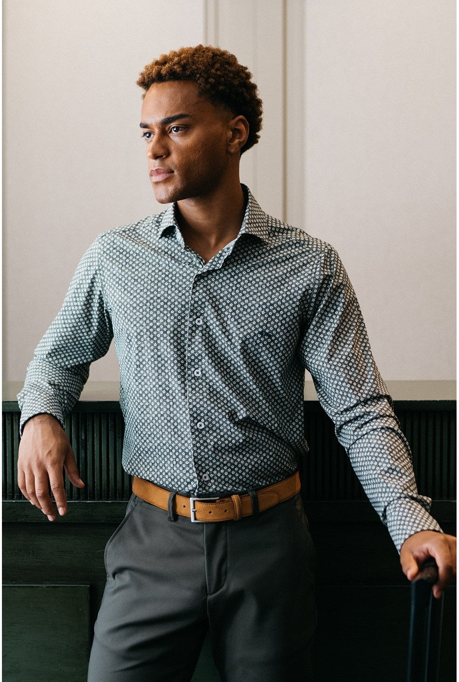 Men's Badul Green / White Flower Pattern Long Sleeve Shirt-Model View