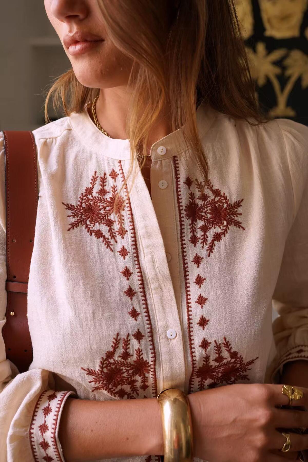 Paris Fashion Cotton Shirt With Red Placed Pattern Beige/Red flat front view