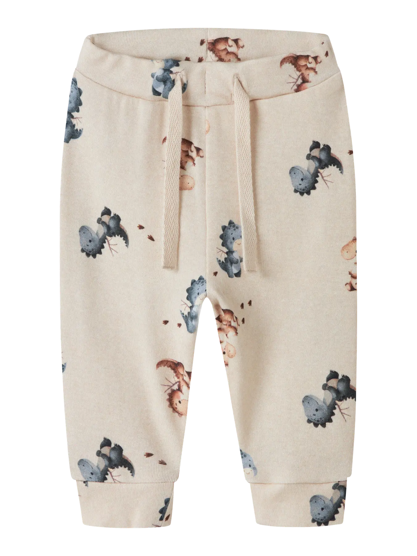 Beige pants with dinosaur pattern on a white background