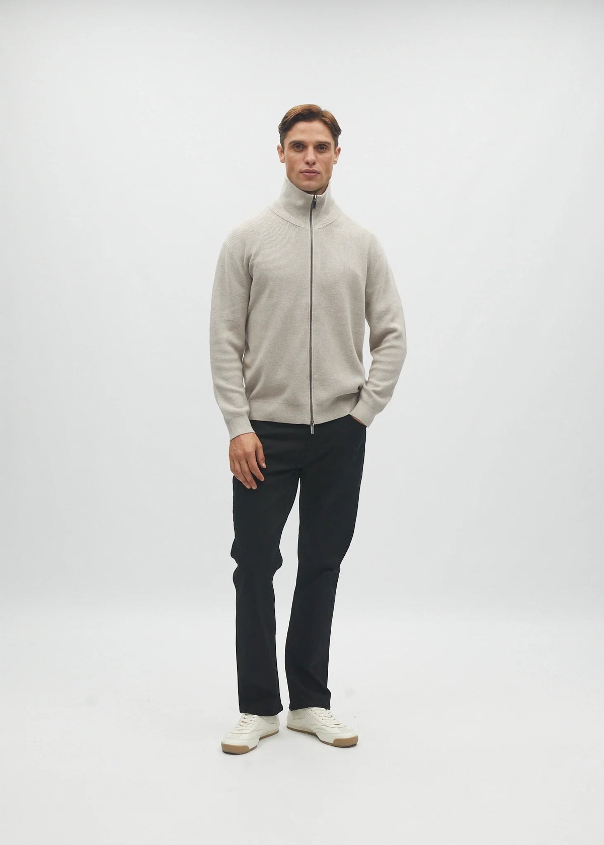 Diesel Darwin Full Zip cardigan in Beachcomber, front model view showing the ribbed knit and two-way zip.