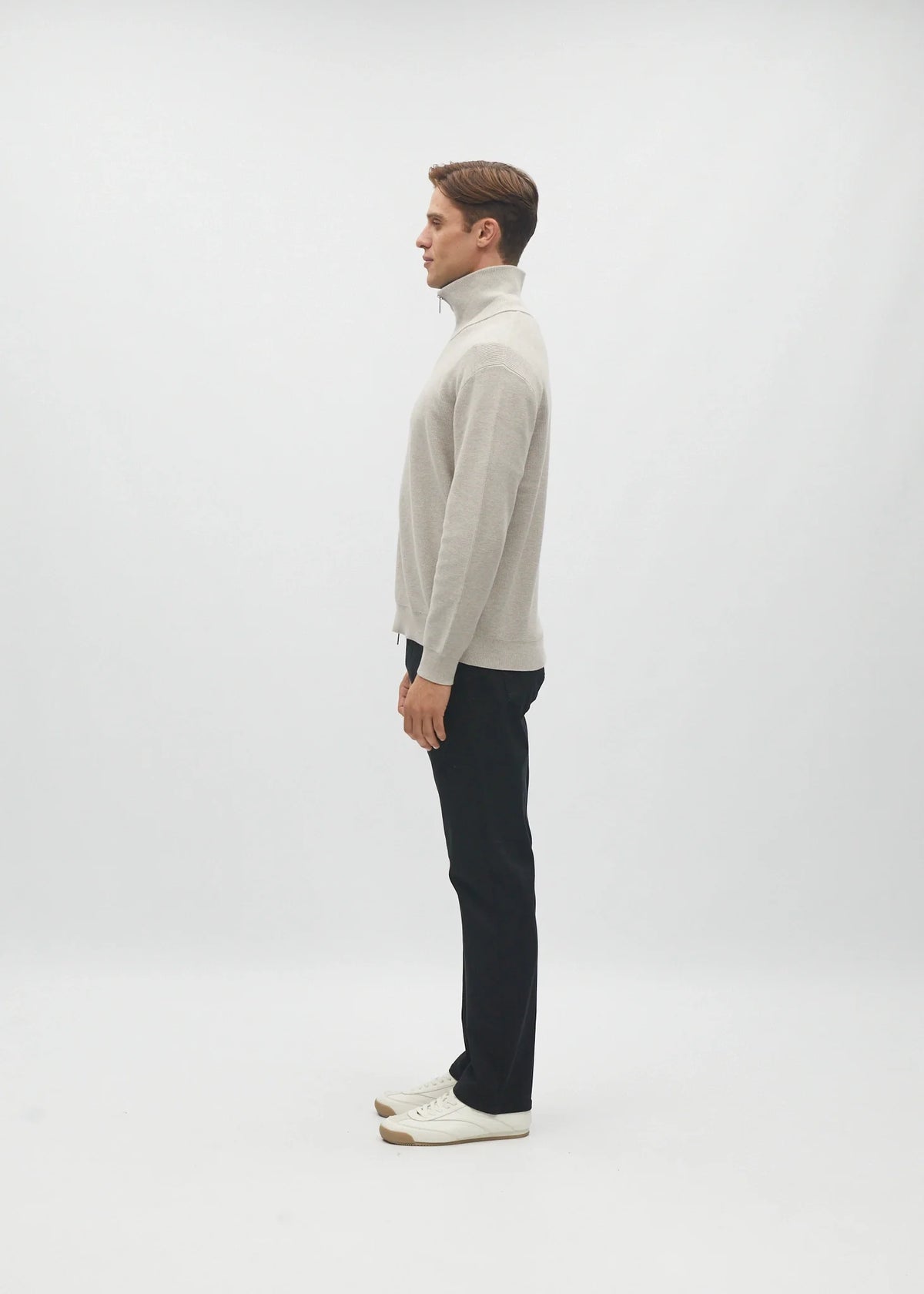 Diesel Darwin Full Zip cardigan in Beachcomber, side model view showing the collar and sleeve.
