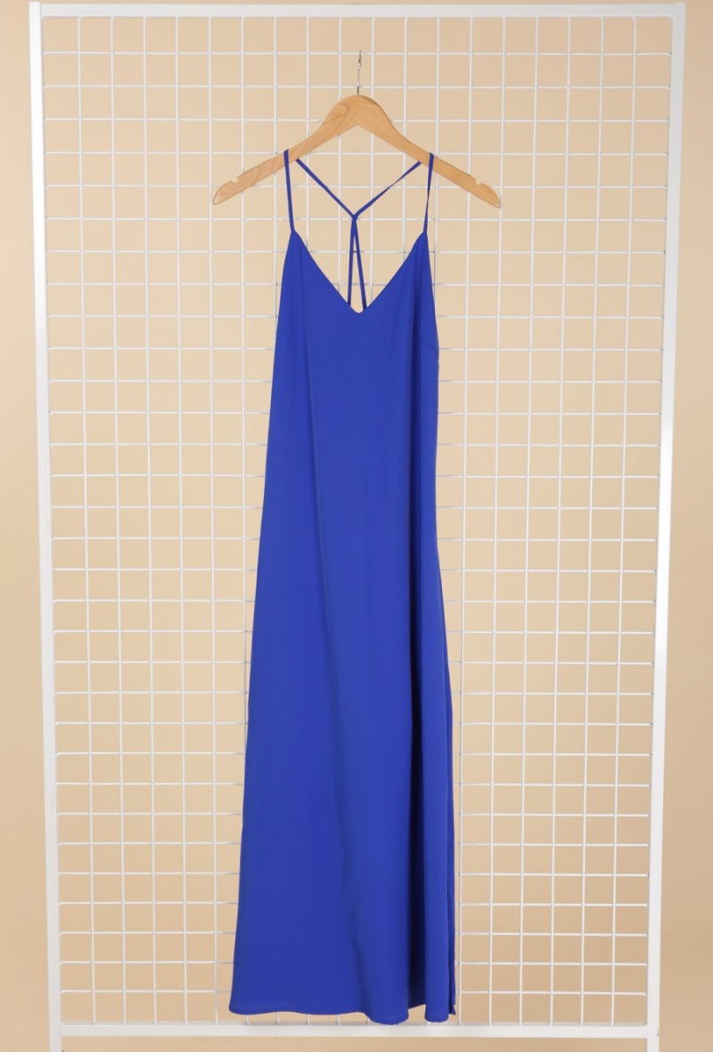 Ladies Royal Blue V-Neck Flowing Dress-Front View