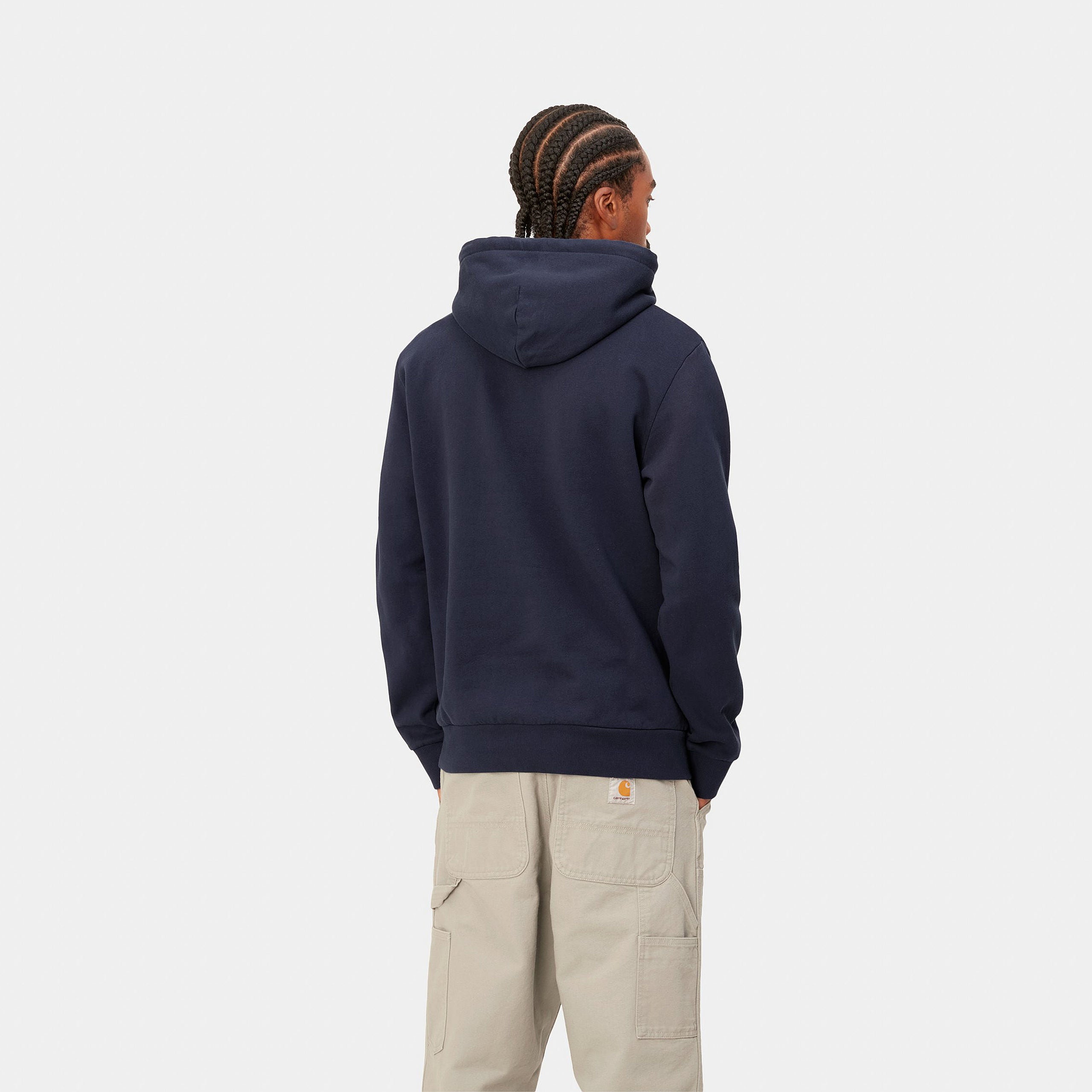 Men's Hooded Script Embroidery Sweat-Blue / White-Model Back View