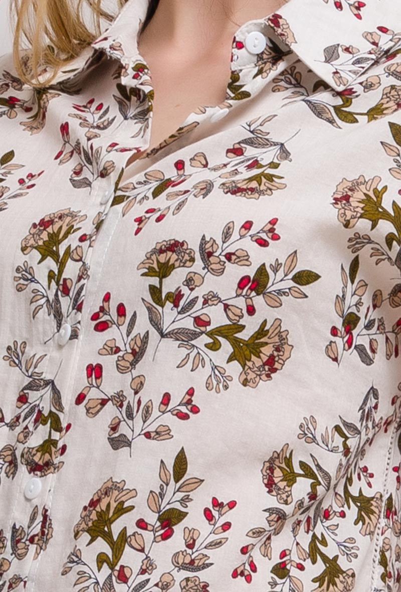 Ladies Floral Short Sleeve Blouse - White-Close Up View