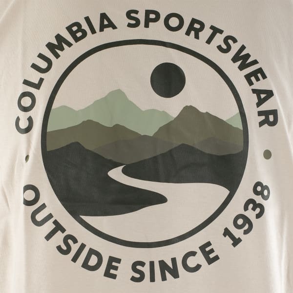 Columbia Sportswear logo with mountains and a road on a beige background