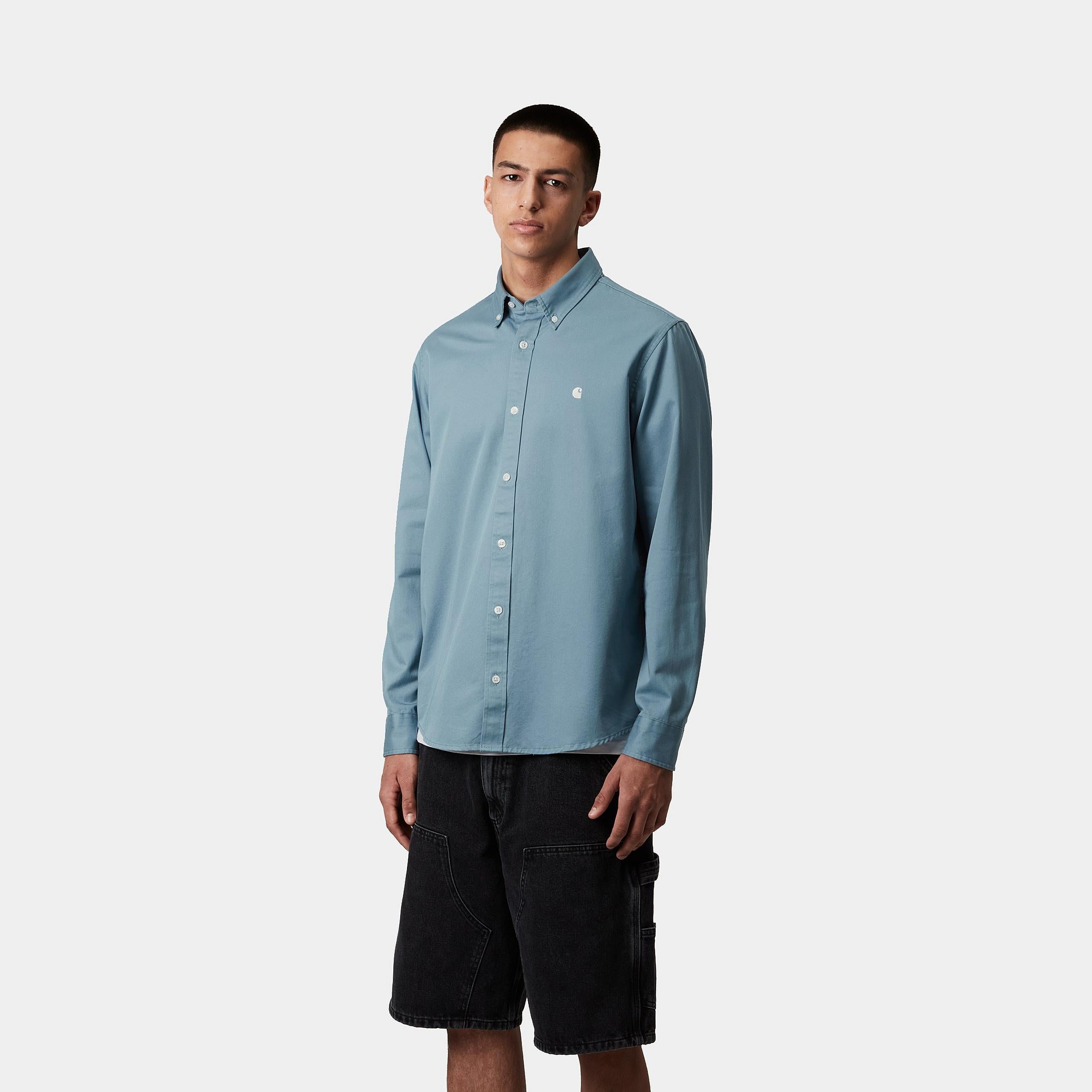 Carhartt WIP Long Sleeve Madison Shirt-Icy Water / Wax Icy Water / Wax flat front view
