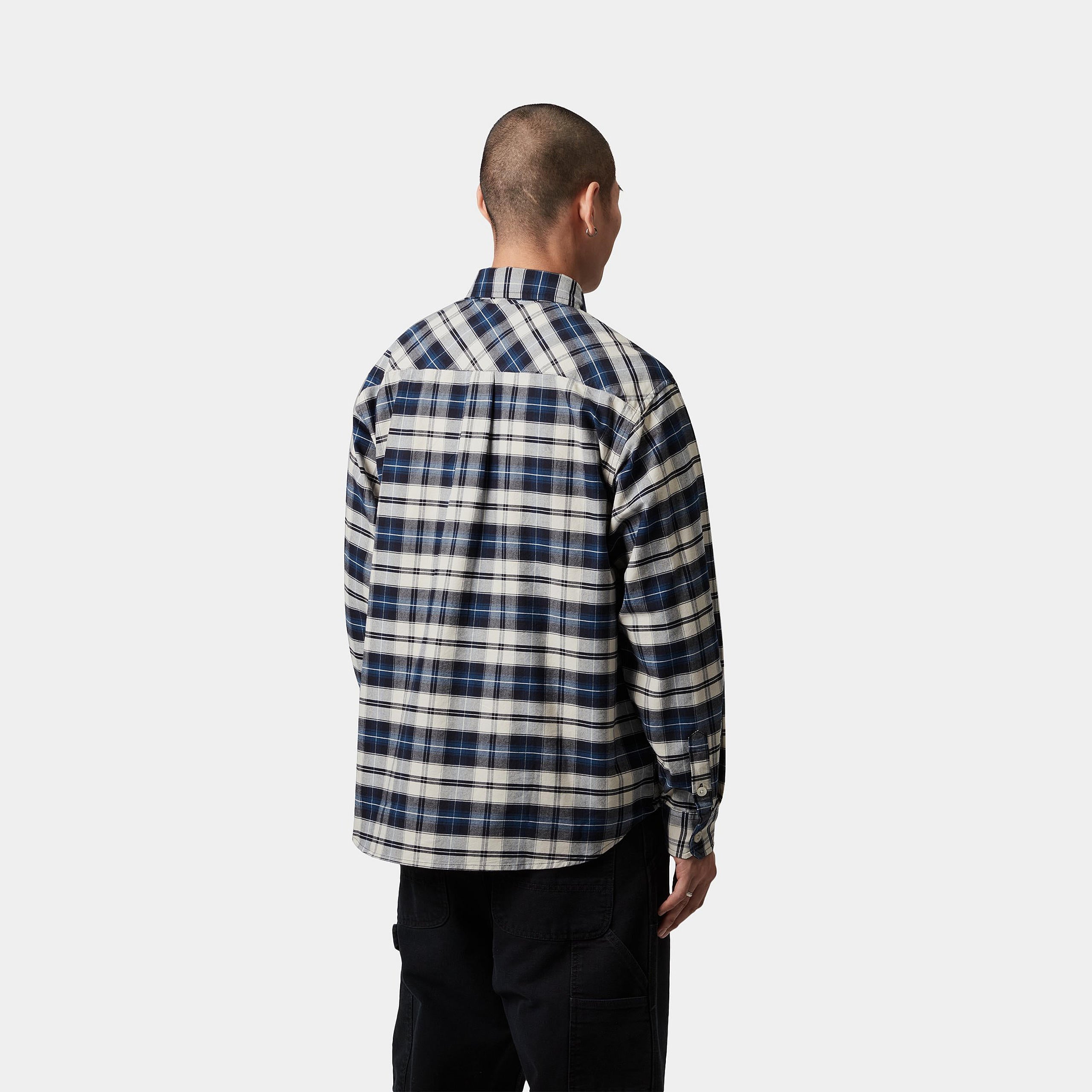 Carhartt WIP Long Sleeve Tarbell Shirt-Tarbell Check Dark Navy / White Tarbell Check Dark Navy / White model front view