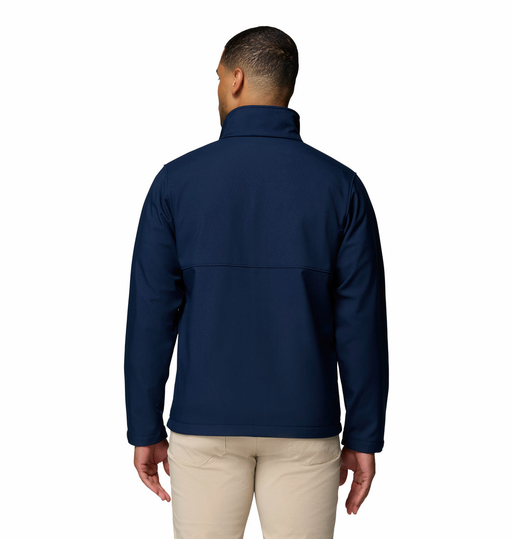 Man wearing a navy blue jacket on a white background