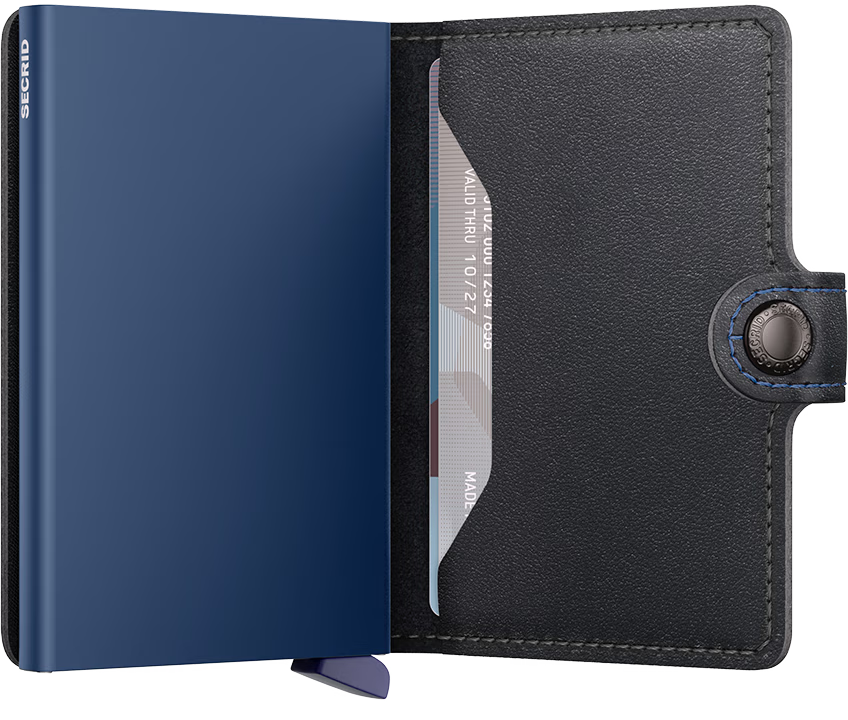 Blue and black leather cardholder with a visible brand name on a white background