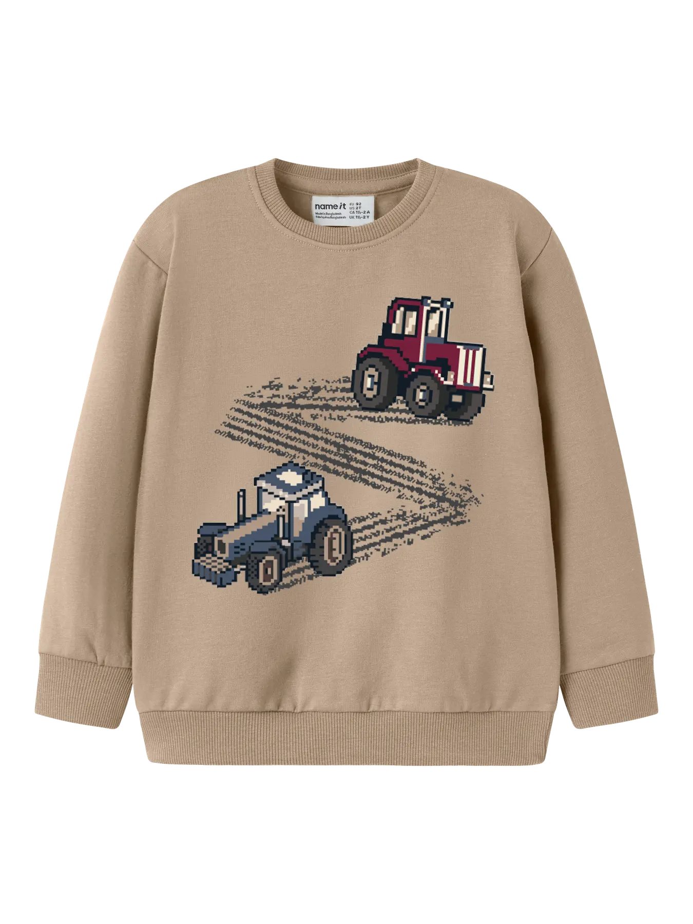 A beige crewneck sweatshirt featuring two pixelated tractor graphics on the front, one red and one blue, with tire tracks printed between them.