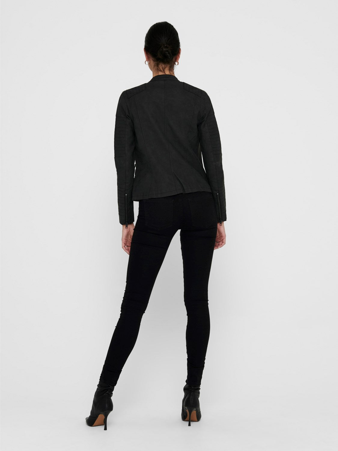 Ladies Ava Faux Leather Biker-Black-Model Back View