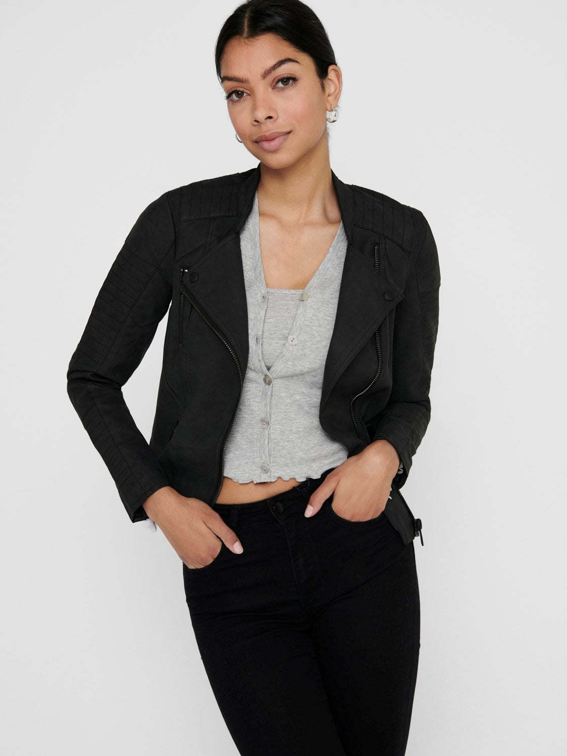 Ladies Ava Faux Leather Biker-Black-Model Front View