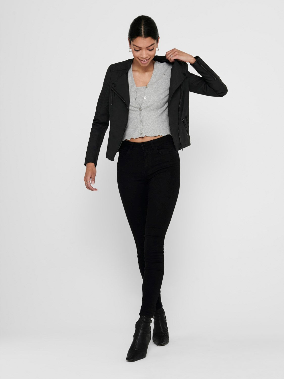 Ladies Ava Faux Leather Biker-Black-Model Full Front View