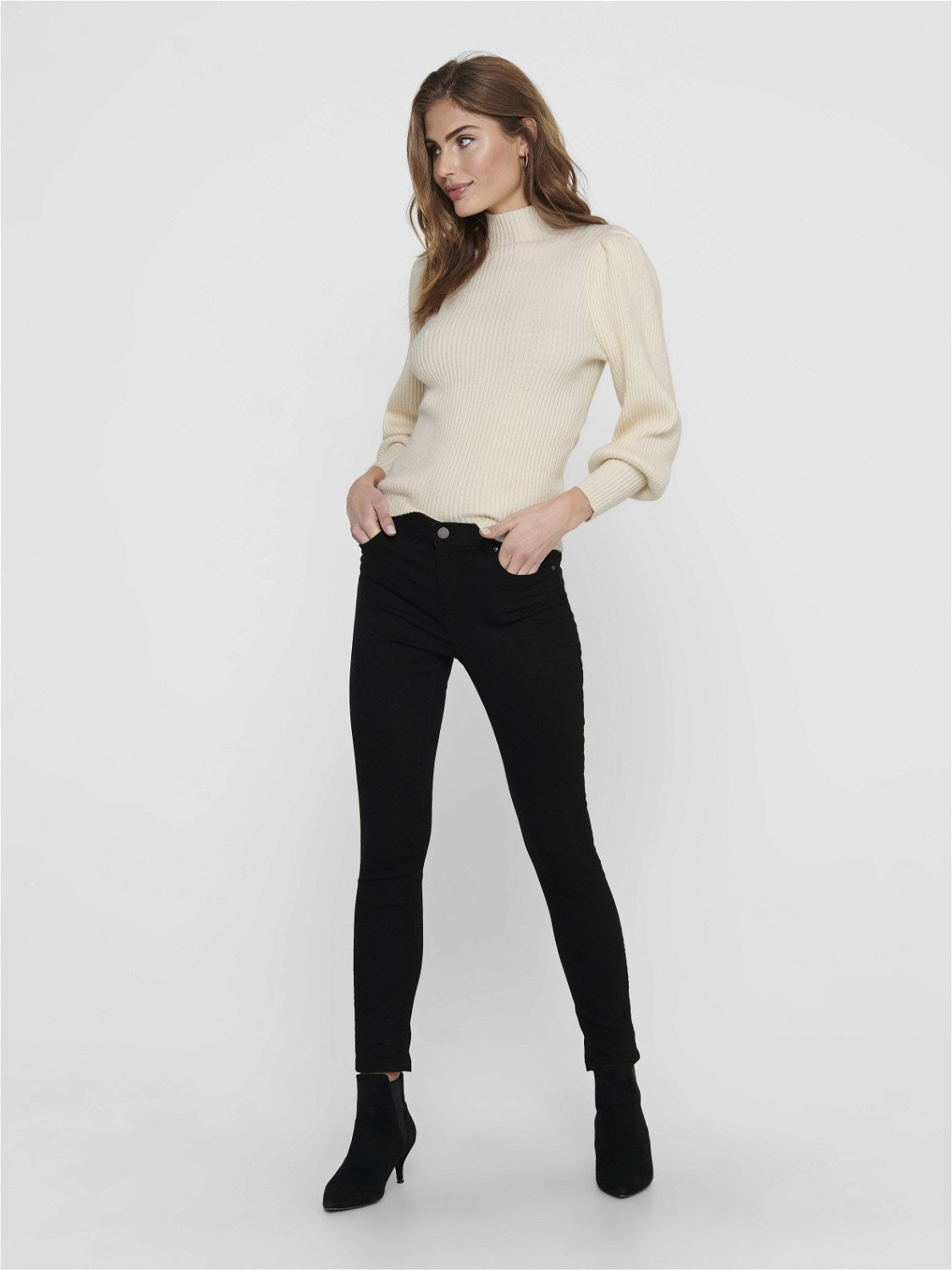 Ladies Katia Long Sleeve Highneck Pullover Knit-Whitecap Gray-Model Full Front View