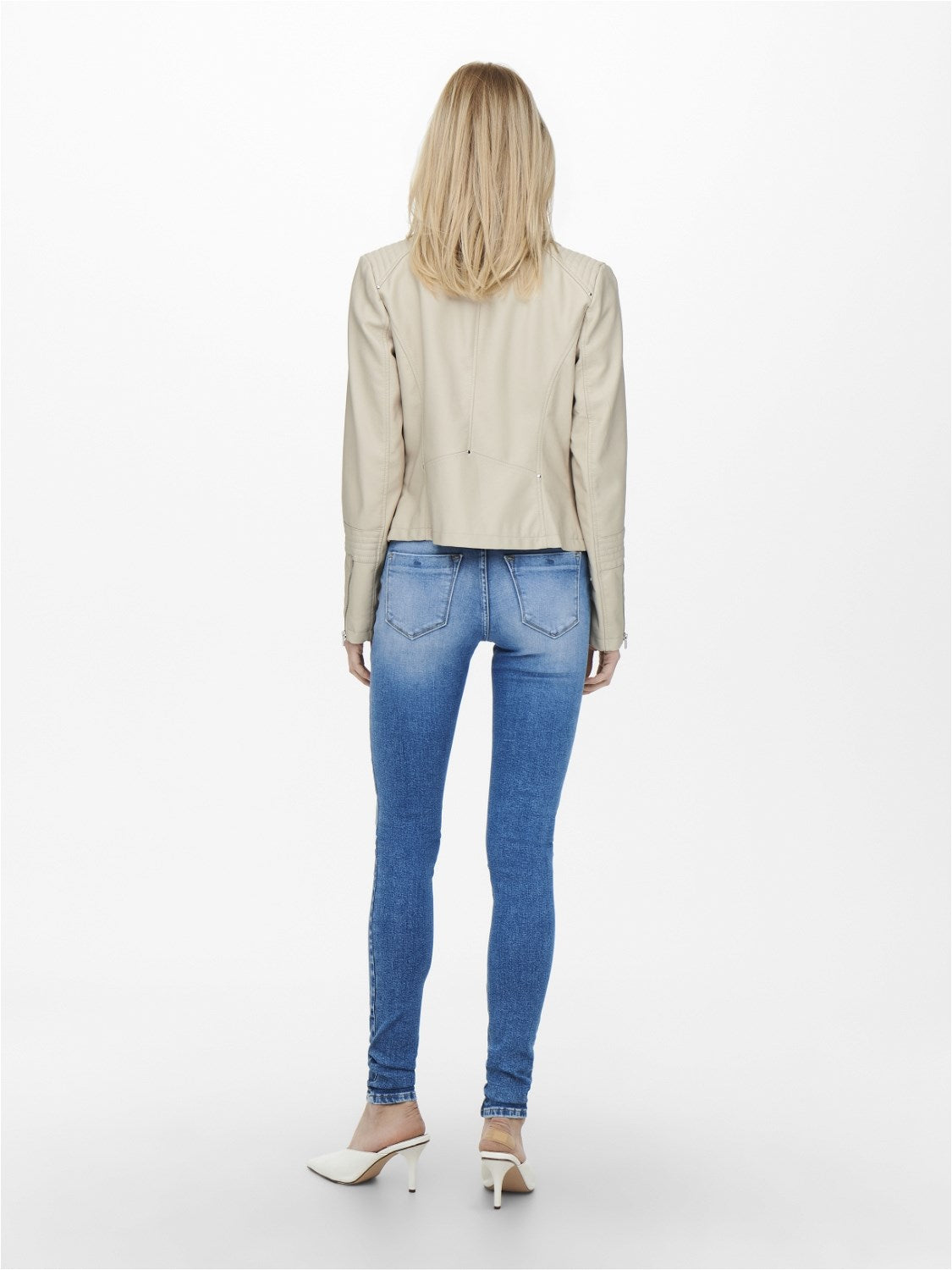 Ladies Gemma Faux Leather Biker-Silver Lining-Model Back View